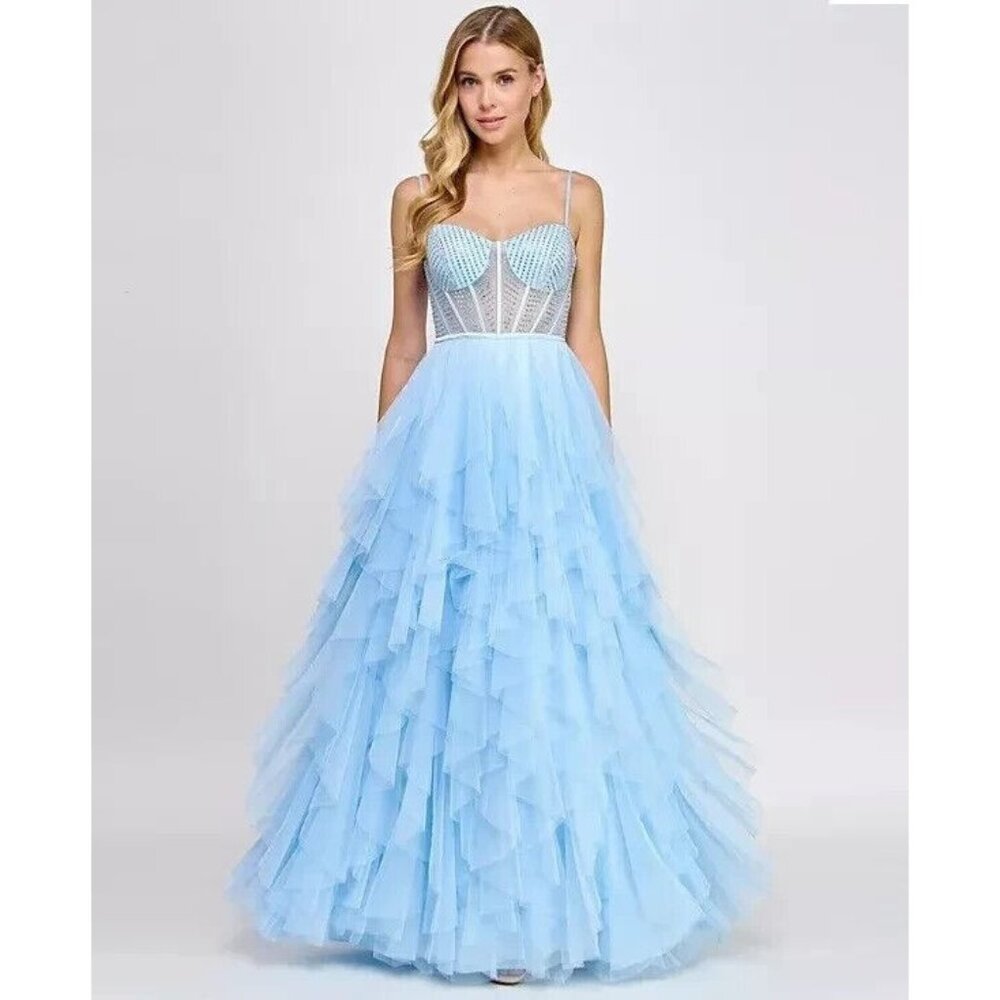 Say Yes Juniors Rhinestone-Embellished Bustier Ball Gown Blue Prom Dress $219  6